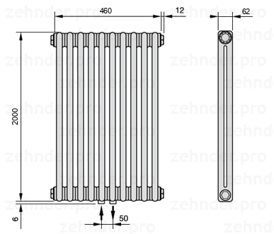 Схема (чертеж) Радиатор Zehnder Charleston 2200/10 №3470 Белый глянцевый RAL 9016